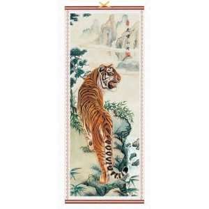  Chinese Rattan Wall Scroll with Tiger & Mountains 