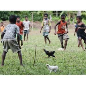 Chickens Run to Avoid a Soccer Game Played by Children from Lolovoli 