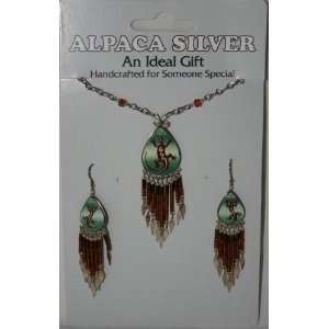 Peruvian Alpaca Silver Dangle Earrings and Necklace Set  Ethnic Unique 