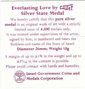 ISRAEL 1986 EVERLASTING LOVE by MOSHE CASTEL 10g PURE SILVER STATE 