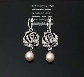 0213 Korean Rose Imitation Pearl Dangle Earrings  