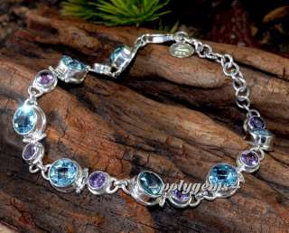 EXCLUSIVE ROW OF AMETHYST BLUE TOPAZ 925 SILVER FACETED ROUND BRACELET 