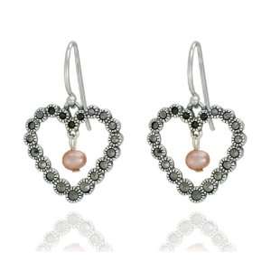  Sterling Silver Marcasite and Pink Pearl Heart Wire 