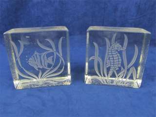 Mid Century Etched Heavy Glass Block Bookends With Fish  