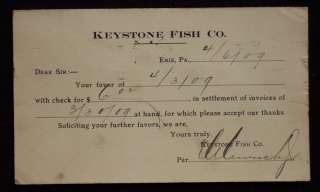 1909 Keystone Fish Co. Yeager Roaring Creek Erie PA PLC  