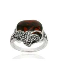 Sterling Silver Marcasite and Garnet Colored Glass Heart Ring, Size 8