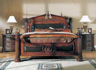   Formal Cherry Queen King Leather Bed Marble 4 Pc Bedroom Set  