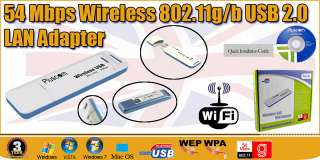 54Mbps USB 2.0 WiFi Wireless ADSL DSL Dongle Adapter 802.11g For PC 