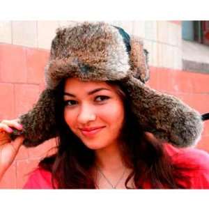  Womens Brown Rabbit Fur Hat (M) Ushanka 