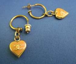 CHANEL Dangle Pierced Earrings Pink x Gold Heart CC logo Stud Dangling 
