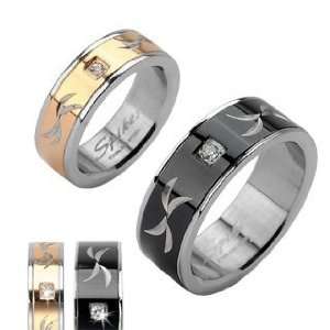 Couple 316L Stainless Steel Ring with Tribal Carve and Single CZ Gem