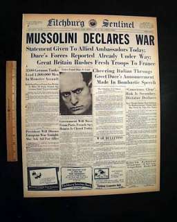 ITALY ENTERS WWII Mussolini World War II 1940 Newspaper  