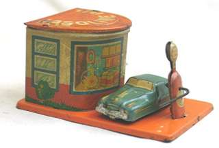 Vintage 1950s Lithographed Tin Miniature Gas Station with Car, Japan 