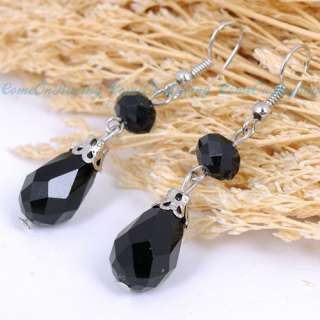 Black Rhinestone Beads Silver Hook Dangle Earrings A318  