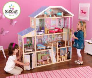 New Huge Wooden Kids Wood Dollhouse with 34 Piece Furniture Set Doll 