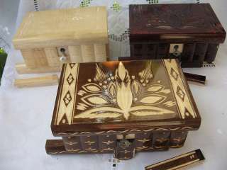 3x East European Puzzle Jewelry Wood Box Case w Secret Compartment 