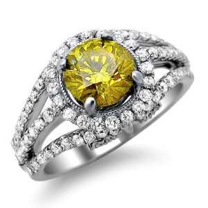   Canary Yellow Round Diamond Engagement Ring 14k White Gold Jewelry