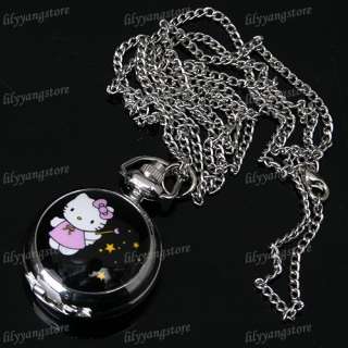   Kitty Case Pandent Quartz Pocket Watch Necklace Chain Stainless  