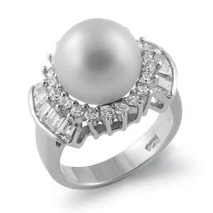  Round Cz Stone White Pearl Right Hand Ring Sterling Silver 