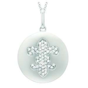  14K White Gold Diamond Fleur De Lis Disc Pendant 