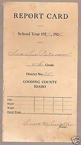 1927 1928 Iva Lous 4th Grade Report Card from District 35 Gooding 