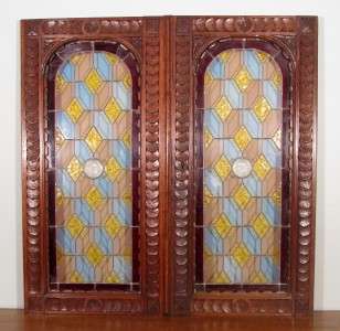   Antique Stained Glass Doors Wood Framed Archetectural Windows Panels