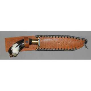 BULGARIAN HUNTING BOWIE KNIFE WITH LEATHER SHEATH & COW HORN HANDLE 