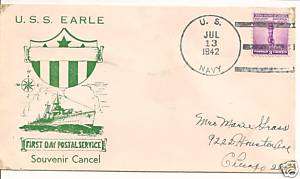 USS EARLE DD 635 Naval Cover 1942 FDPS Cachet  