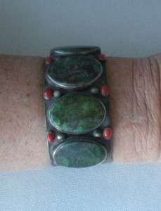 Signed Navajo sterling cuff, 4 large chrysocolla 6 coral beads. 5.75 
