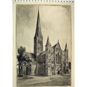   Antique Print Exterior View Salisbury Cathedral Cribb