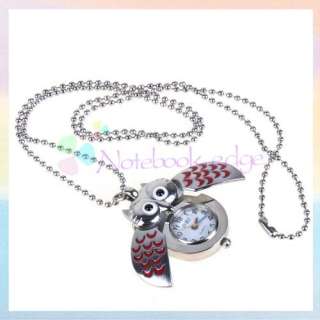 Red Silver Mini Kids Owl Quartz Pocket Watch Necklace  
