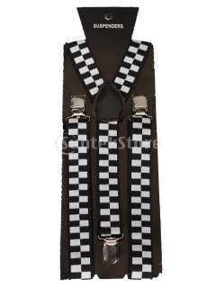 Black&White Checked Clip on Pants Braces Elastic Y back Suspenders FOR 