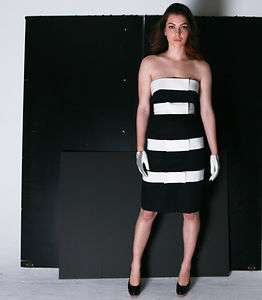   Doucet Black and White Horizontal Striped Strapless Prom Dress  