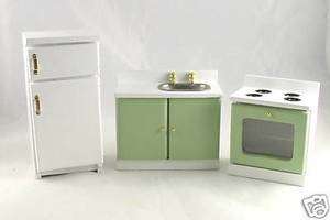 Dollhouse Miniature Green & White Kitchen Set  
