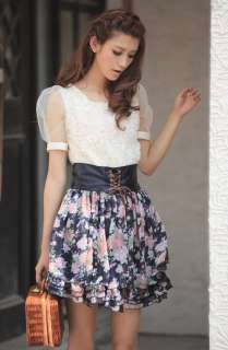 J9592 Princess Hot Dark Blue Floral Tying Chiffon Skirt  