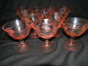 12 PRETTY COCKTAIL / SORBET PINK DEPRESSION GLASSES WITH ETCHED FLORAL 