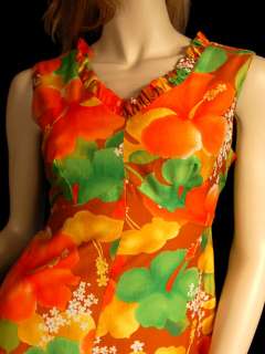 Vintage Cotton Hawaiian Dress A Line Hukilau 1970S 36 Bust Orange 