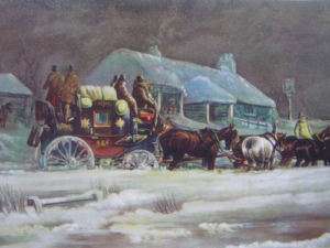 Stage Coach in snow, log house old west Knee Deep  