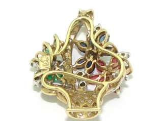 Estate 14kt Gold 1ct Emerald Ruby Sapphire Diamond Flower Basket Charm 
