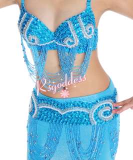 Quality Light blue belly dance costume 3 pics bra belt skirt 36D 38D 