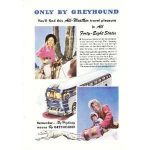 1947 Ad Greyhound Cowgirl & Mom and son sledding Vintage Travel Print 