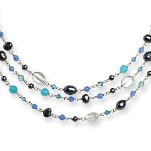   Silver Blue Agate/FW Cultured Pearl/Aqua Crystal Necklace Jewelry