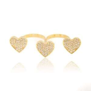  High Gloss Gold Plated Three Hearts Two Finger Ring with 