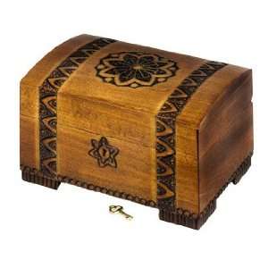  Brass Inlay Flower Motif Wood Chest with Lock and Key 