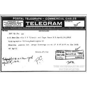  Telegram from SS Amerika Via SS Titanic, April 14, 1912 