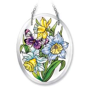 Amia 6195 Butterfly and Daffodils Design Hand Painted Glass Suncatcher 