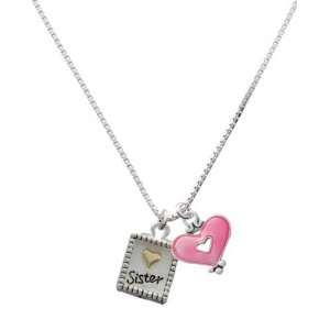 Shadow Box Sister with Gold Heart and Trasnlucent Pink Heart Charm 