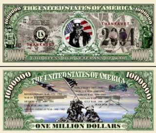 Veterans of War Thanks A Million Dollar bills (2/$1.00)  