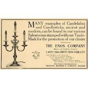 1907 Ad Enos Candelabra Candlesticks Bigelow Kennard   Original Print 