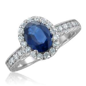 Vintage Inspired Natural Sapphire Diamond Engagement Ring in 14k White 